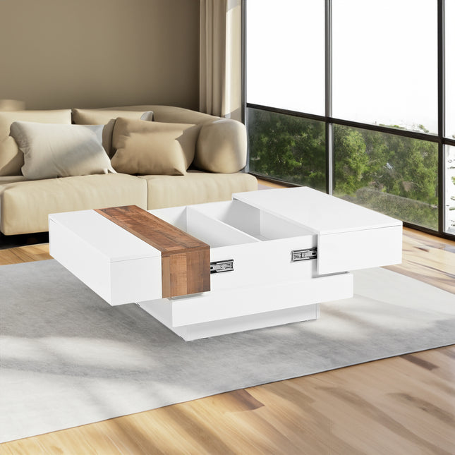 ON-TRANS 31.4 Inches x 31.4 Inches High Gloss Center Table with Sliding Top and Hidden Storage Room – White