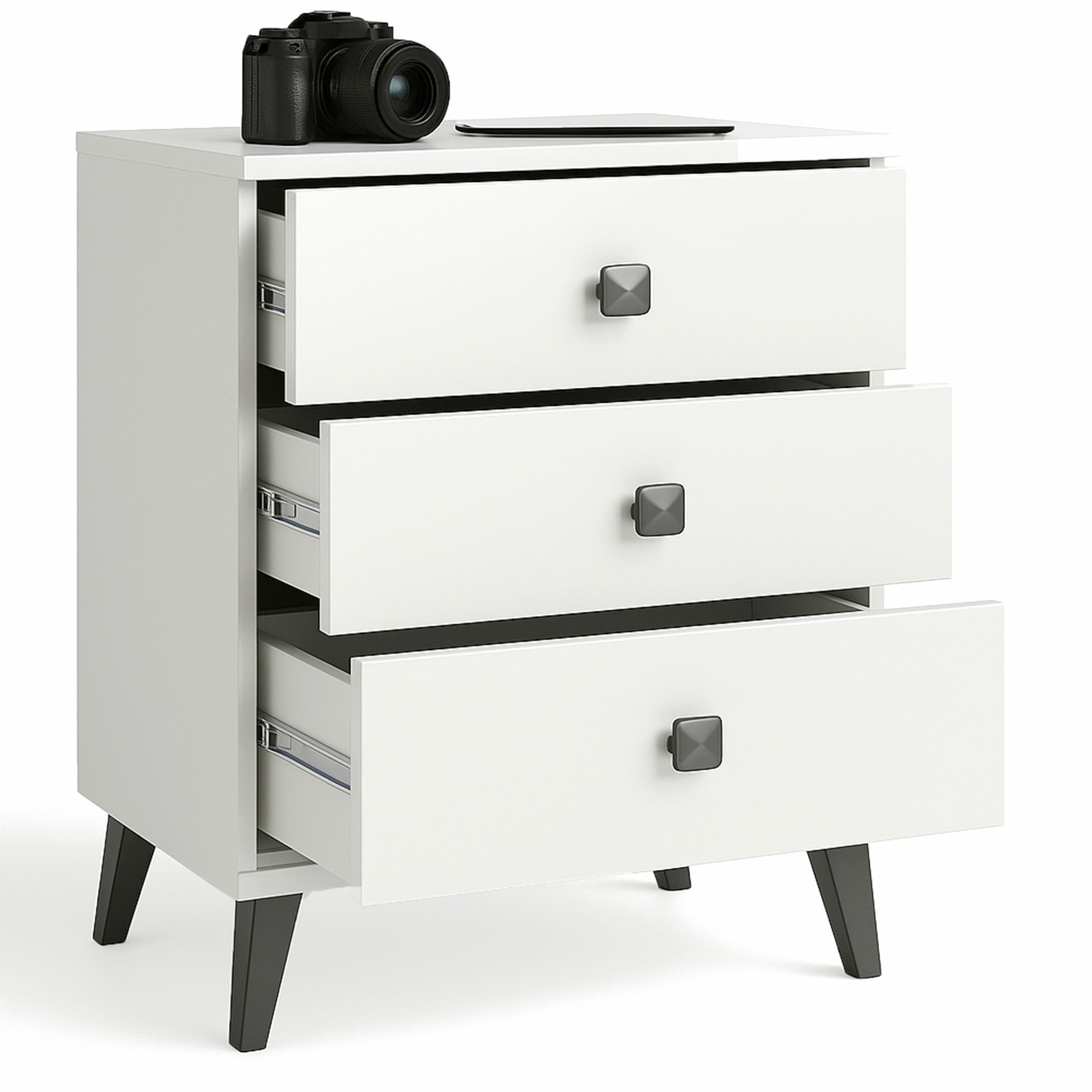 Comodino Mobi 3 Cassetti – Bianco/Nero 40x37x58 cm