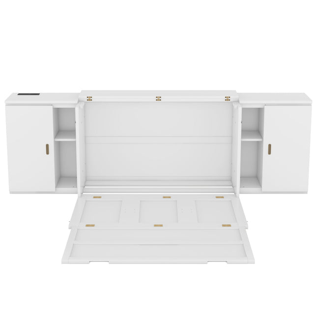 Full Size Murphy Bed with Shelves, Cabinets, and USB Ports – White
