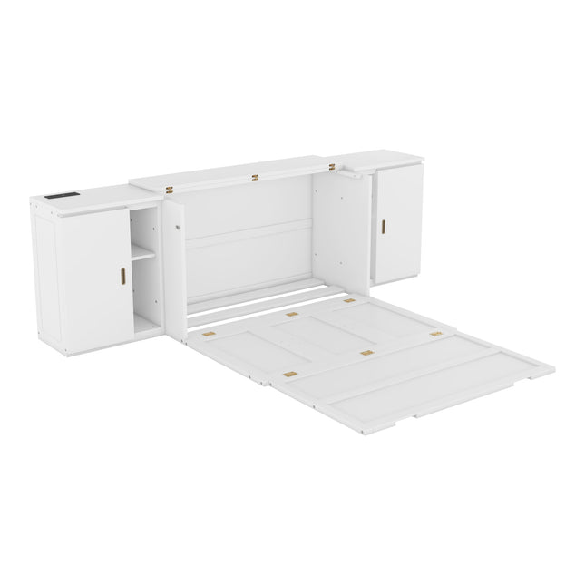 Full Size Murphy Bed with Shelves, Cabinets, and USB Ports – White