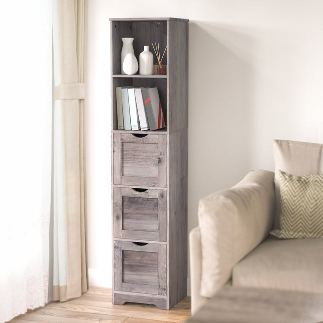 Bathroom Floor Cabinet with 3 Drawers 2 Shelves, Tall Narrow Bathroom Kitchen Pantry Storage Cabinet with Open Compartment Grey