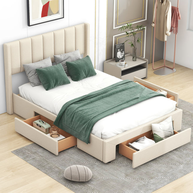 Full Size Upholstered Platform Bed with One Large Drawer in the Footboard and Drawers on Each Side, Beige Default Title