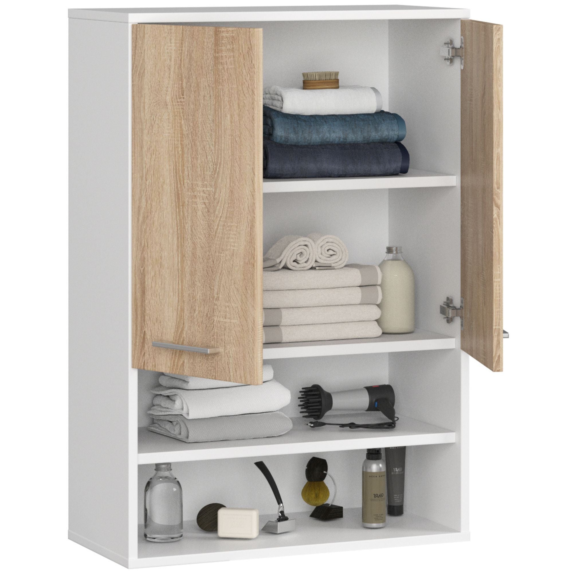 Pensile Bagno Linea 64 cm 2 Ante 4 Ripiani – Bianco/Rovere Sonoma