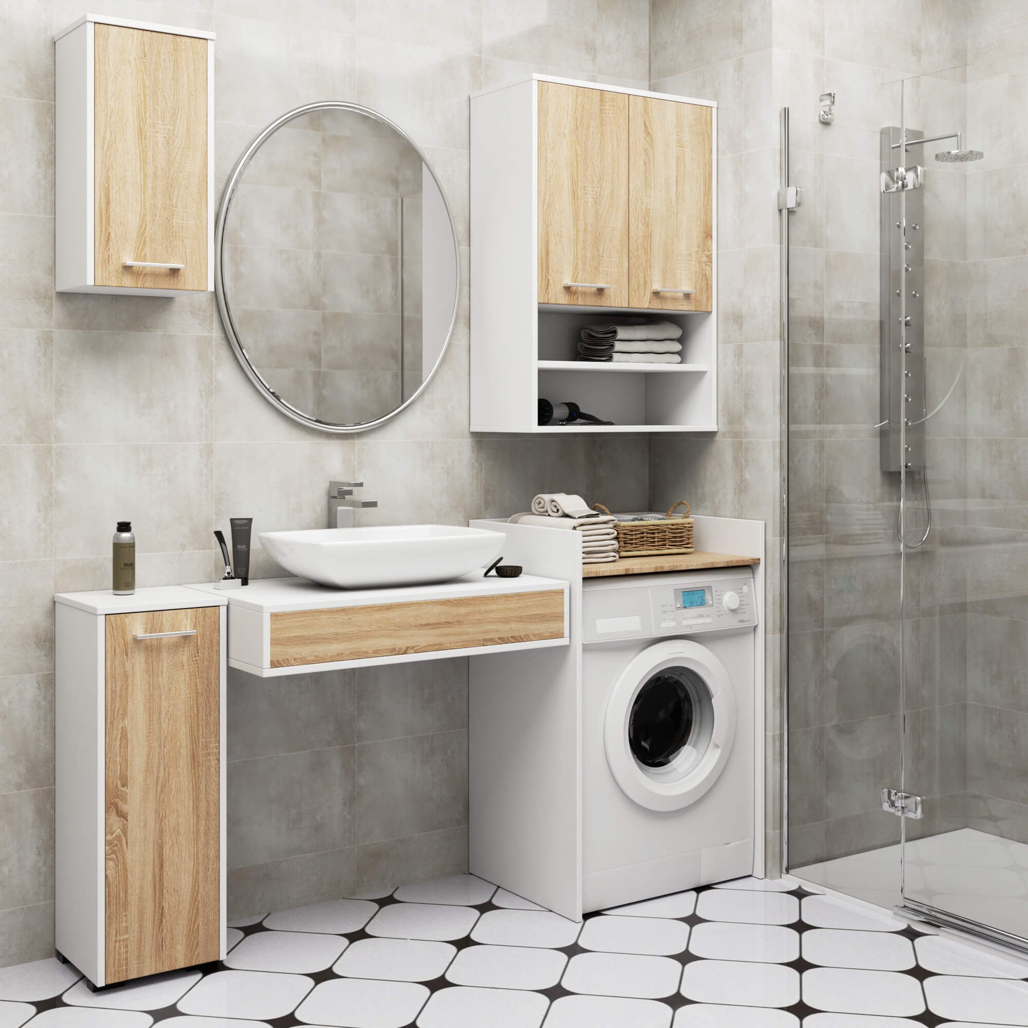 Pensile Bagno Linea 64 cm 2 Ante 4 Ripiani – Bianco/Rovere Sonoma