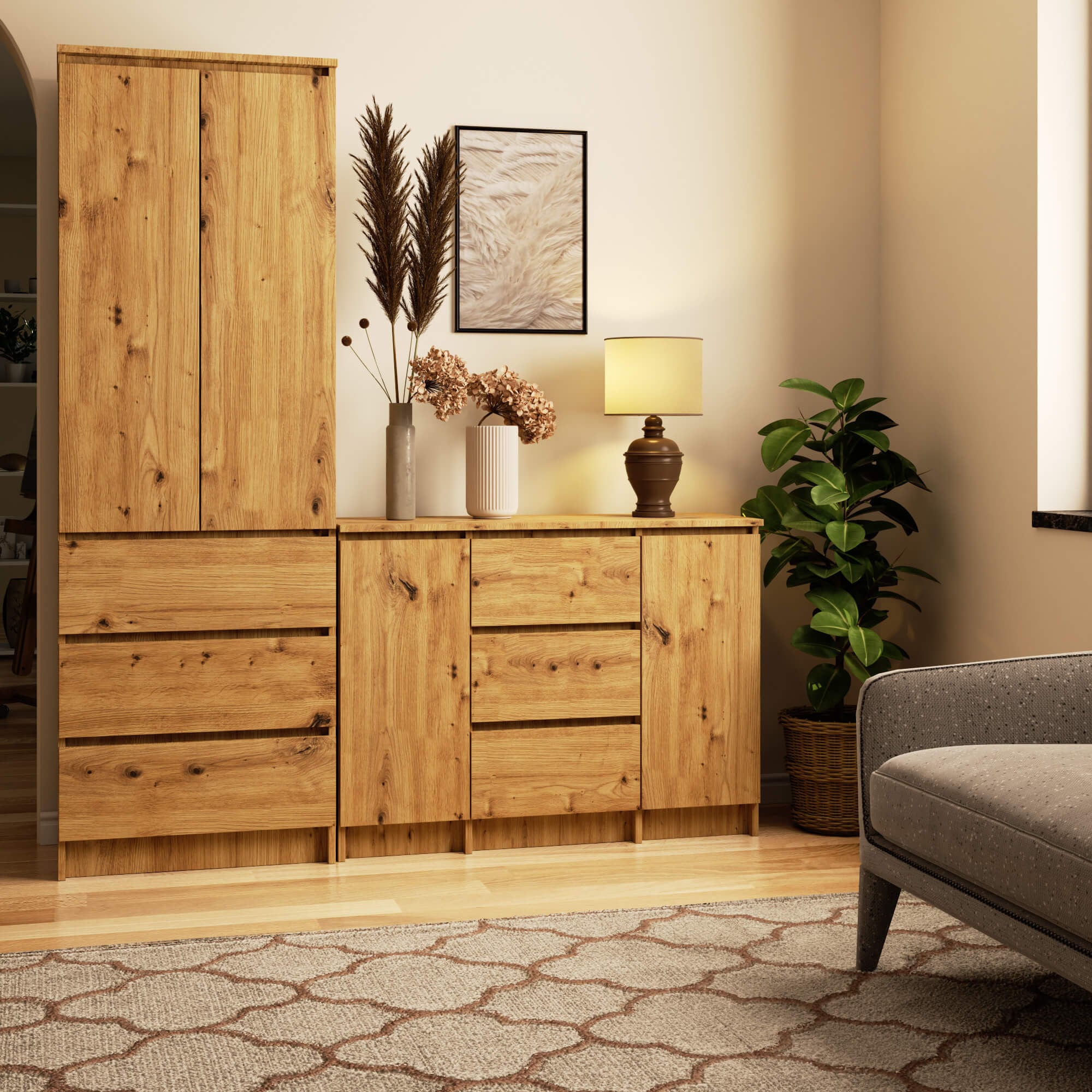 Credenza Linea 100 cm 2 Ante 3 Cassetti – Rovere Artisan