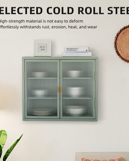 Retro Style Haze Double Glass Door Wall Cabinet With Detachable Shelves for Office Dining Room Living Room Kitchen