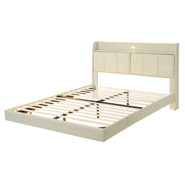 Large Floating Bed Frame with Storage Headboard – Touch Sensor Night Light and USB Charger, Padded Platform Bed, Beige
