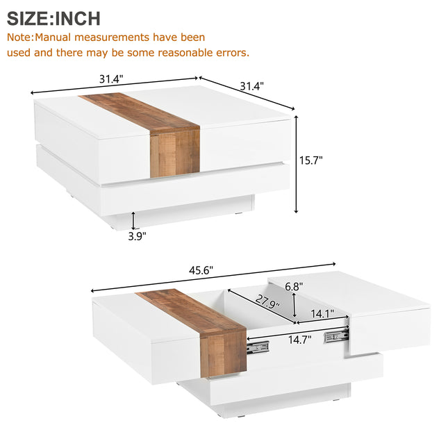 ON-TRANS 31.4 Inches x 31.4 Inches High Gloss Center Table with Sliding Top and Hidden Storage Room – White