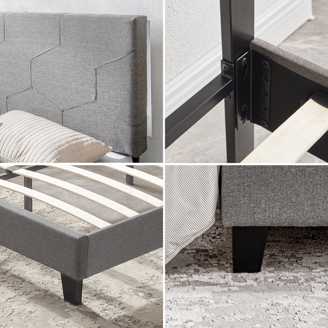 Queen Size Upholstered Platform Bed Frame with Wood Slat Support – Easy Assembly, Grey