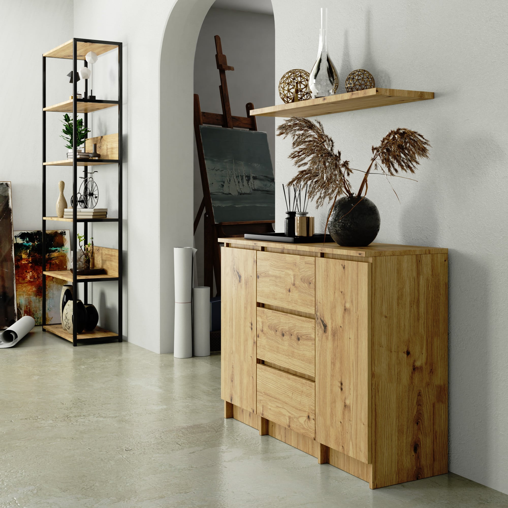 Credenza Linea 100 cm 2 Ante 3 Cassetti – Rovere Artisan
