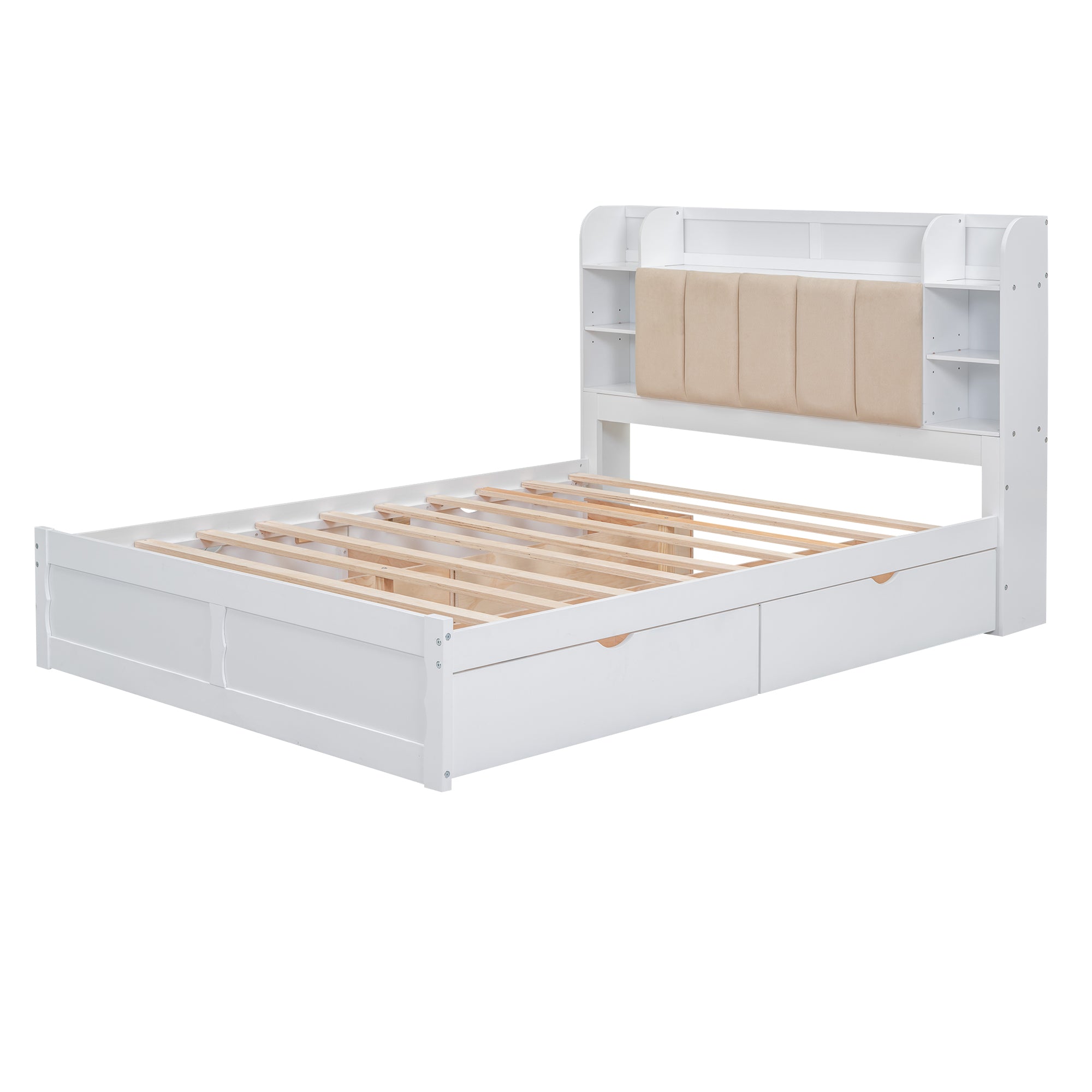 Letto Matrimoniale in Legno con Testiera Contenitore, Ripiani e 4 Cassetti - Bianco