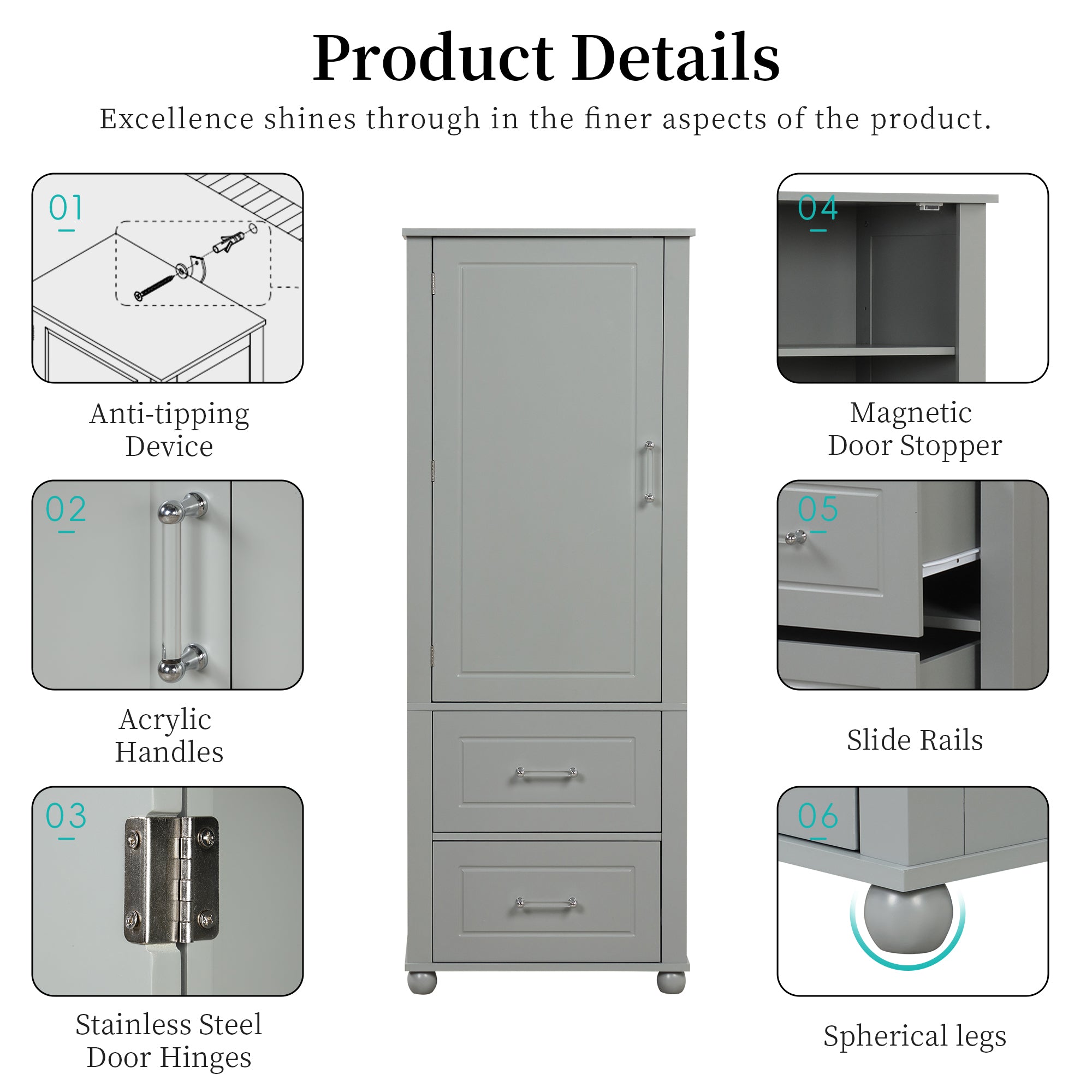 Mobile Bagno Alto Grigio 2 Cassetti 156cm