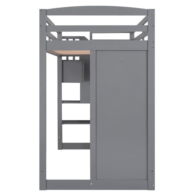 Twin Size Loft Bed with Wardrobe and Staircase Desk and Storage Drawers and Cabinet in 1 Gray