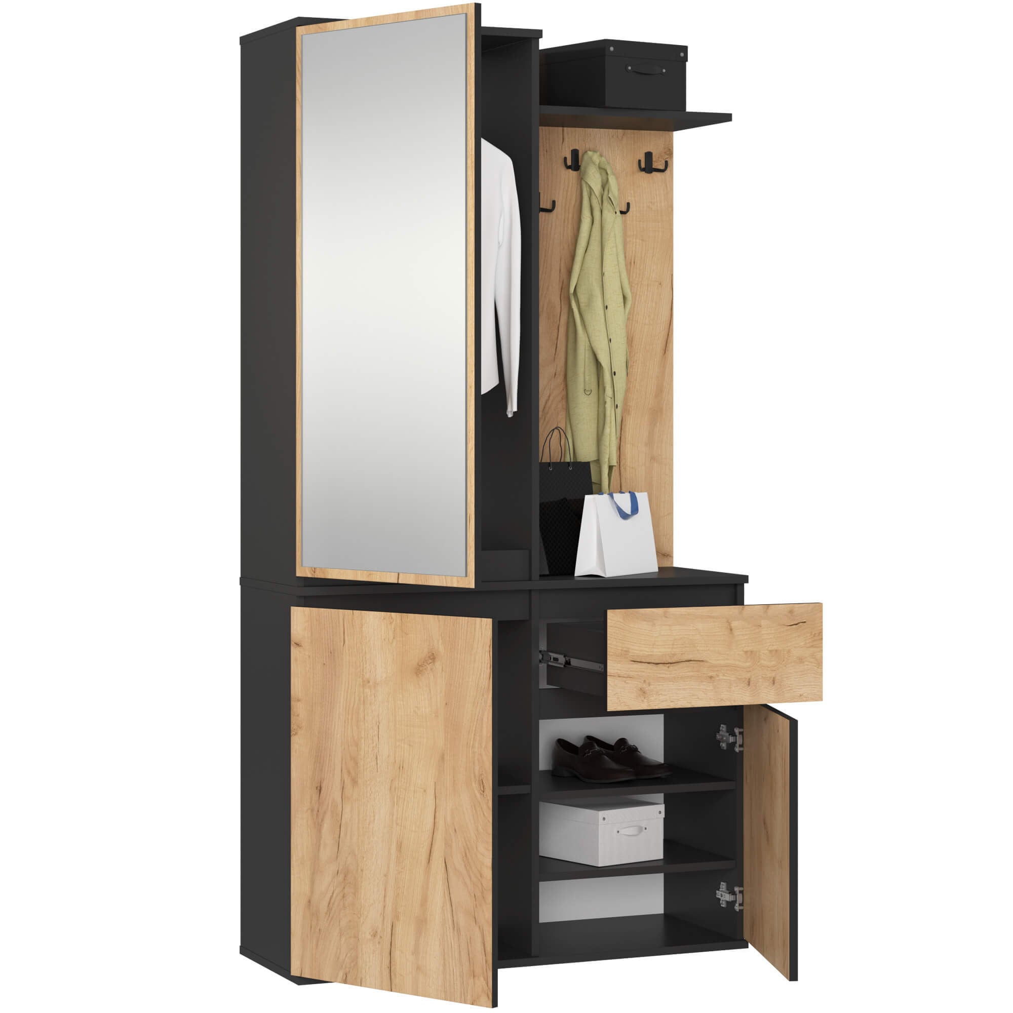 Set Ingresso Entro 2 Ante Specchio Cassetto – Nero/Rovere Craft