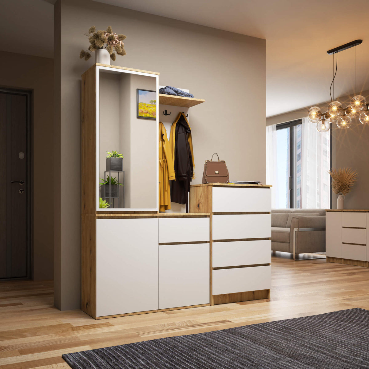 Set Ingresso Entro 2 Ante 1 Cassetto – Rovere Artisan/Bianco