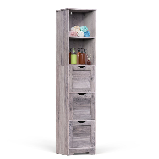 Bathroom Floor Cabinet with 3 Drawers 2 Shelves, Tall Narrow Bathroom Kitchen Pantry Storage Cabinet with Open Compartment Grey