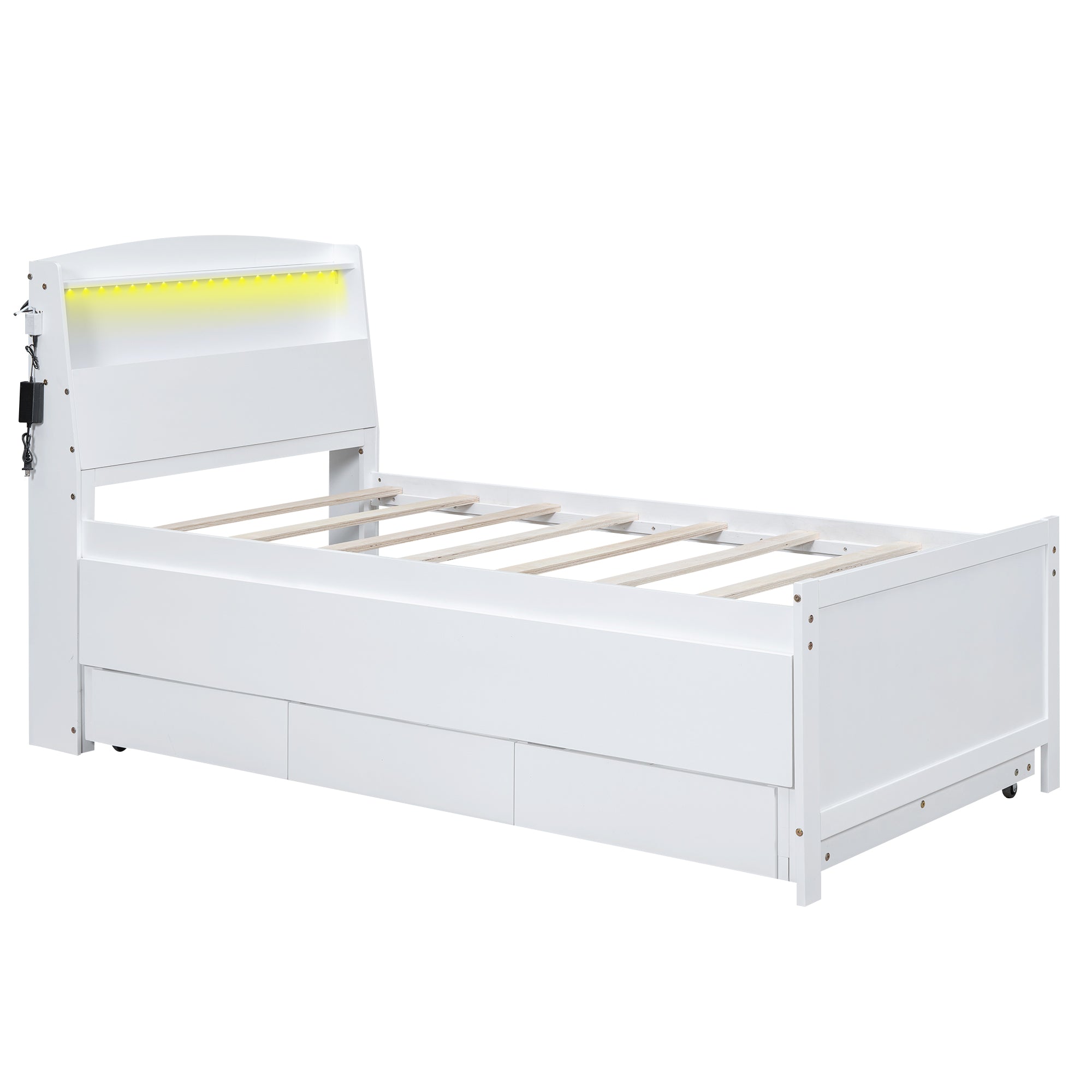 Letto Singolo Piattaforma LED Bianco 3 Cassetti