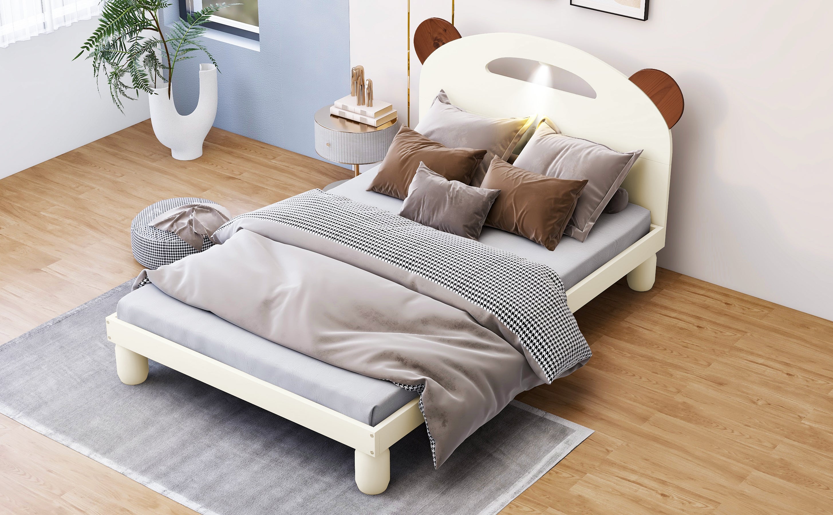 Letto Singolo in Legno con Testiera a Orecchie di Orso e LED - Bianco Crema