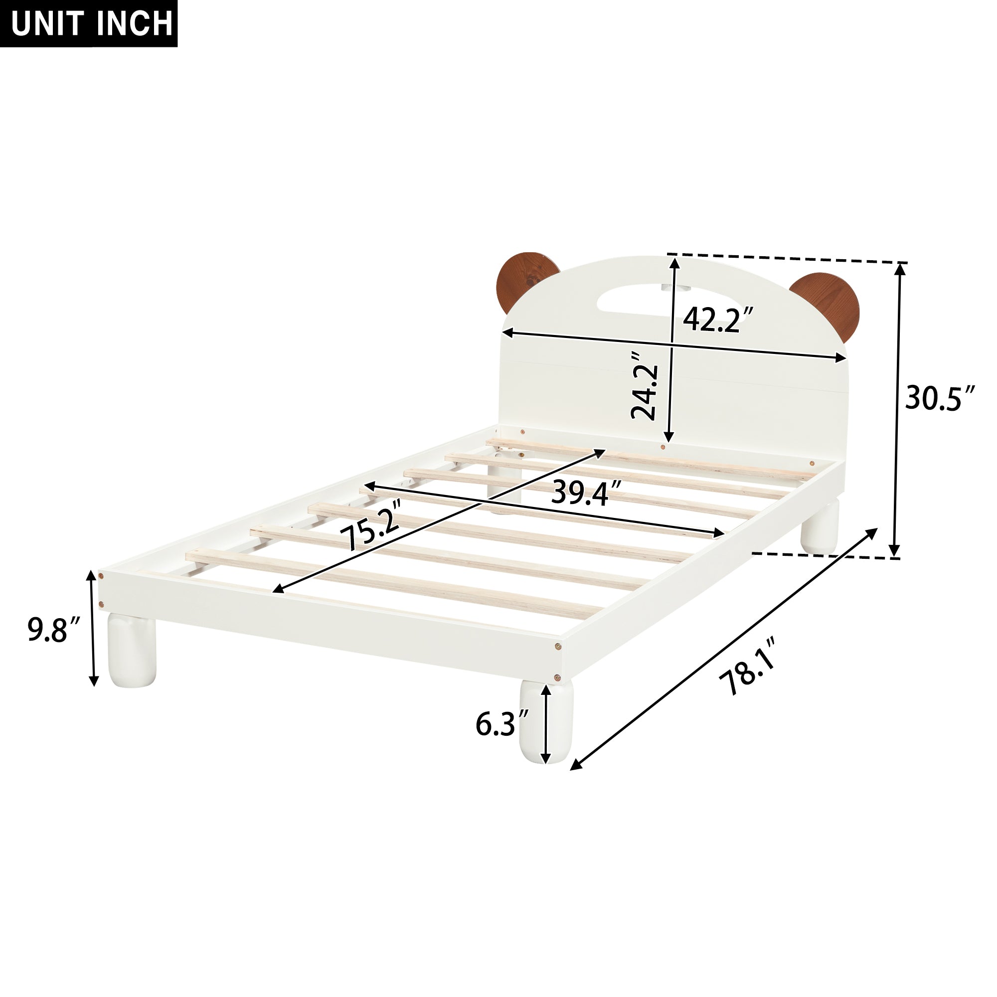 Letto Singolo in Legno con Testiera a Orecchie di Orso e LED - Bianco Crema