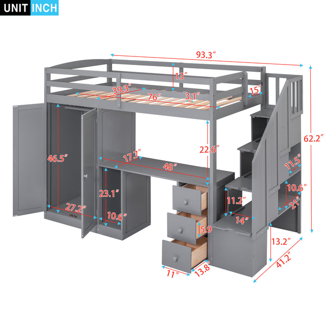 Twin Size Loft Bed with Wardrobe and Staircase Desk and Storage Drawers and Cabinet in 1 Gray