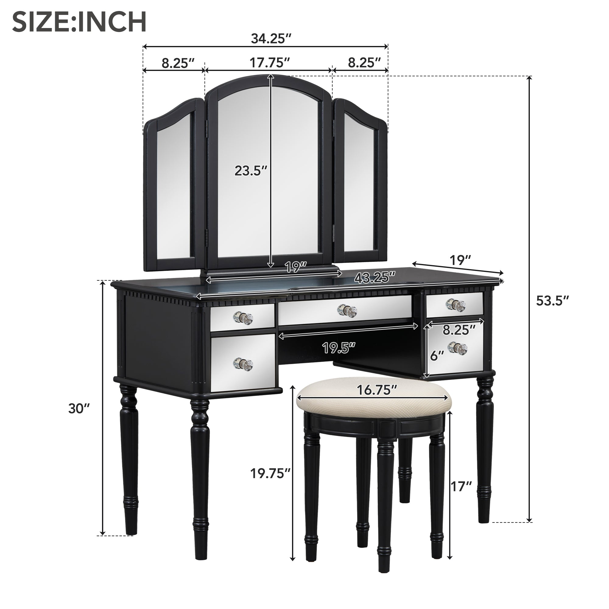Set Toeletta Nera 109cm con Sgabello