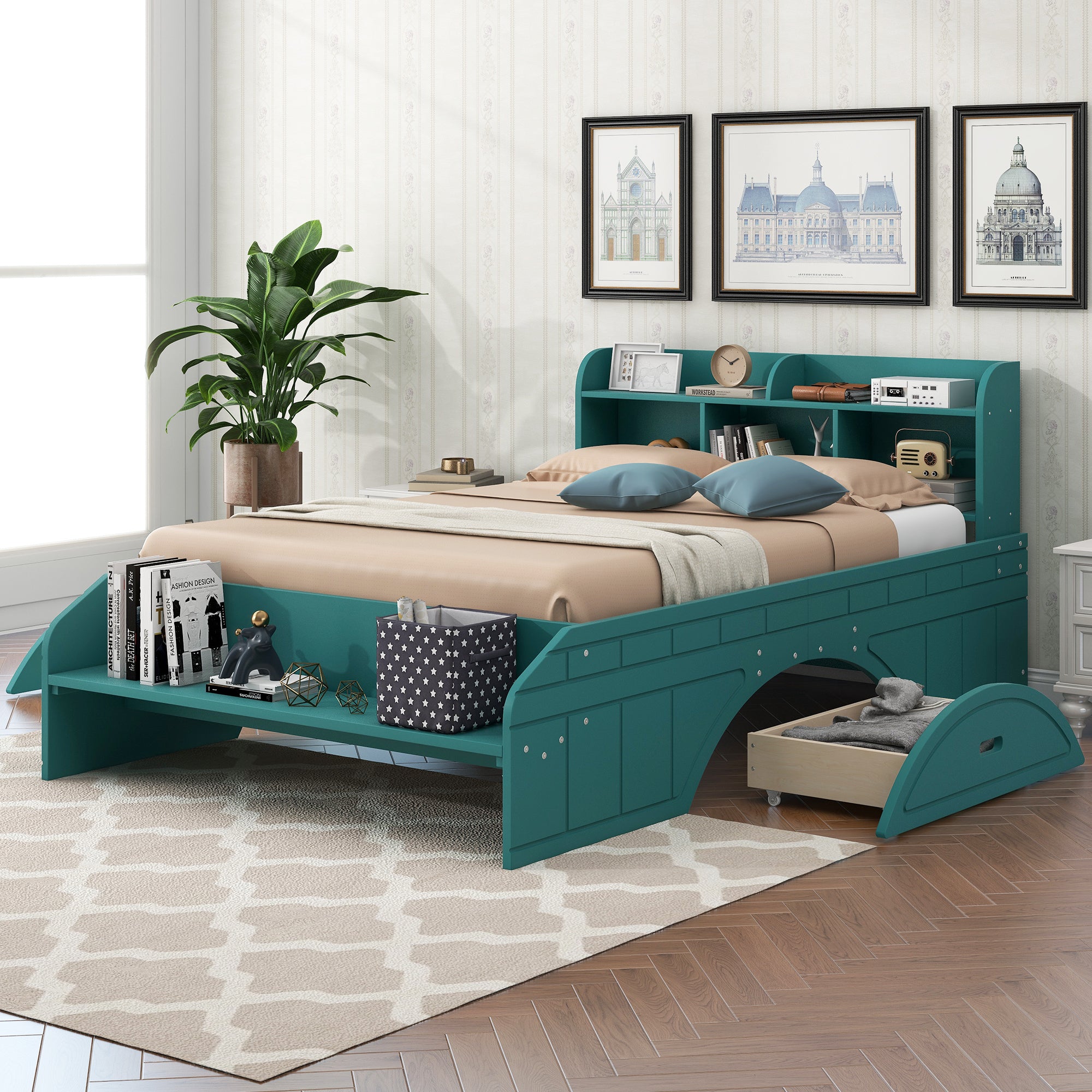 Letto Full Size in Legno con 2 Cassetti, Testiera e Pediera Contenitore - Verde Scuro