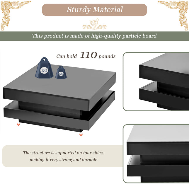 ON-TREND High Gloss Minimalist Design 2-Tier Square Coffee Table with LED Lights – Black
