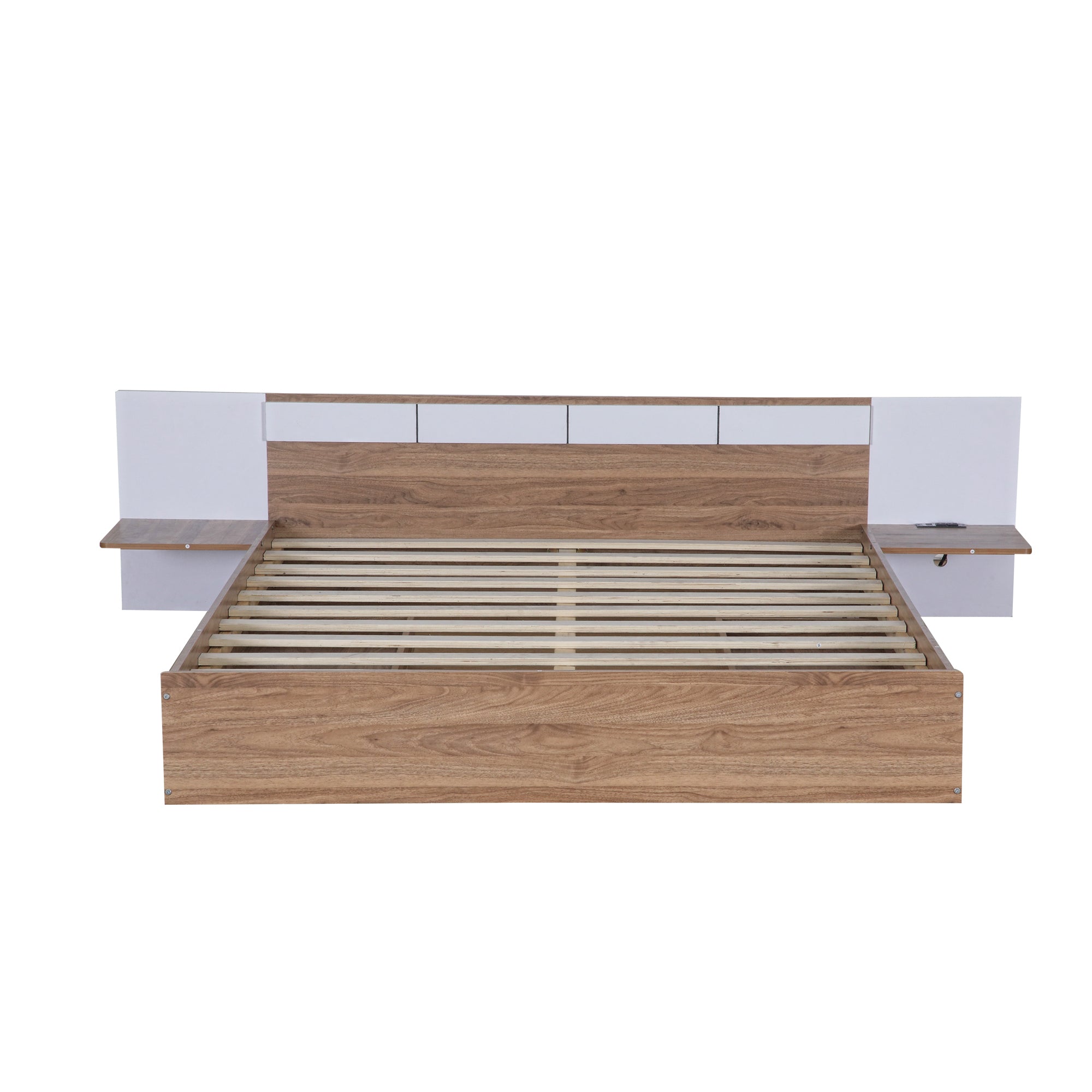 Letto Matrimoniale in Legno con Cassetti, Ripiani, Porte USB e Prese - Naturale