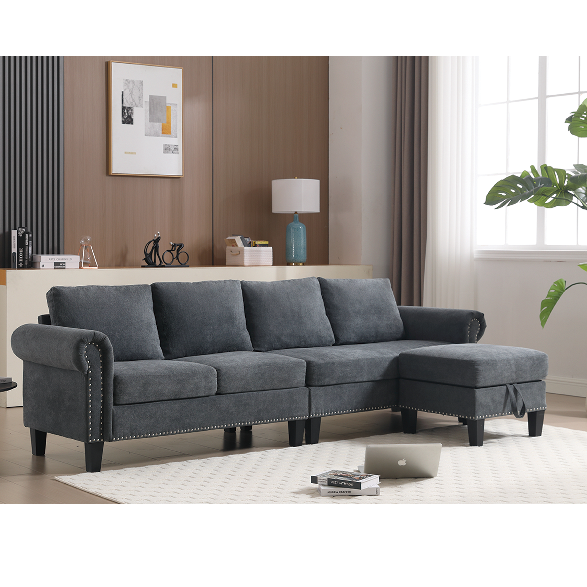 Divano Angolare a L con Contenitore Grigio Moderno