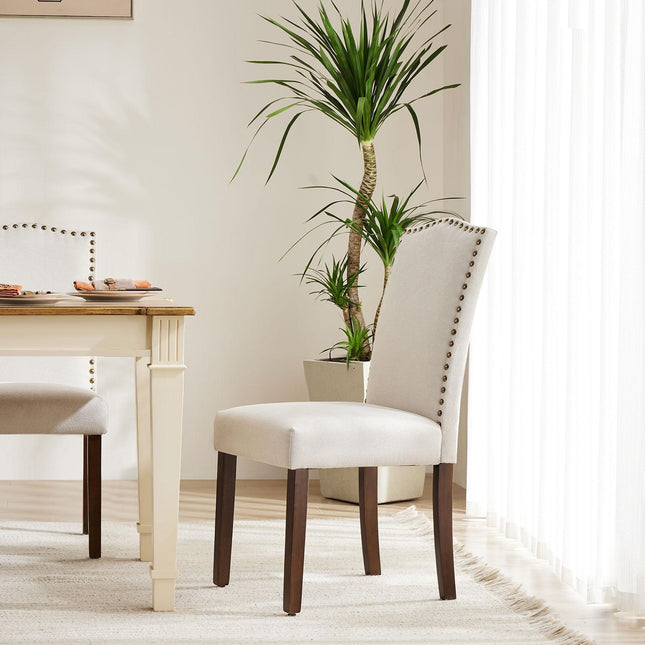 Living Room, Upholstered Leather Dining, Parsons Nailhead Trim and Wood Legs（2PCS） Cream