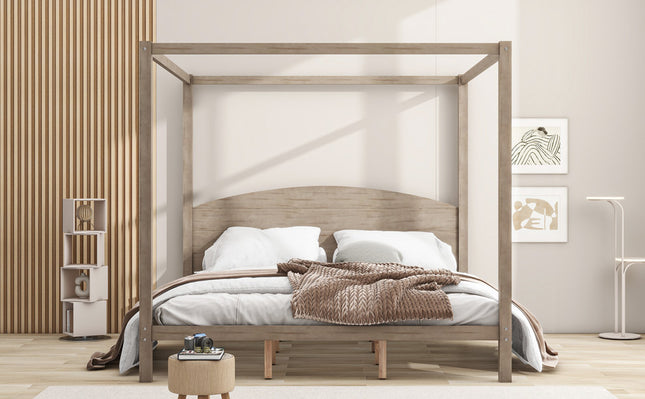 King Size Canopy Platform Bed with Headboard and Support Legs – Brown Wash Finish