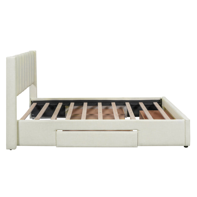 Full Size Upholstered Platform Bed with One Large Drawer in the Footboard and Drawers on Each Side, Beige