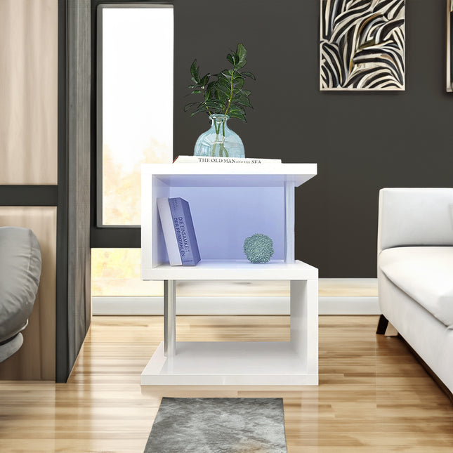 3-Layer S-Shaped Coffee Table – High Gloss Side Table with Open Storage Rack and USB Power Supply, White LED Coffee Table