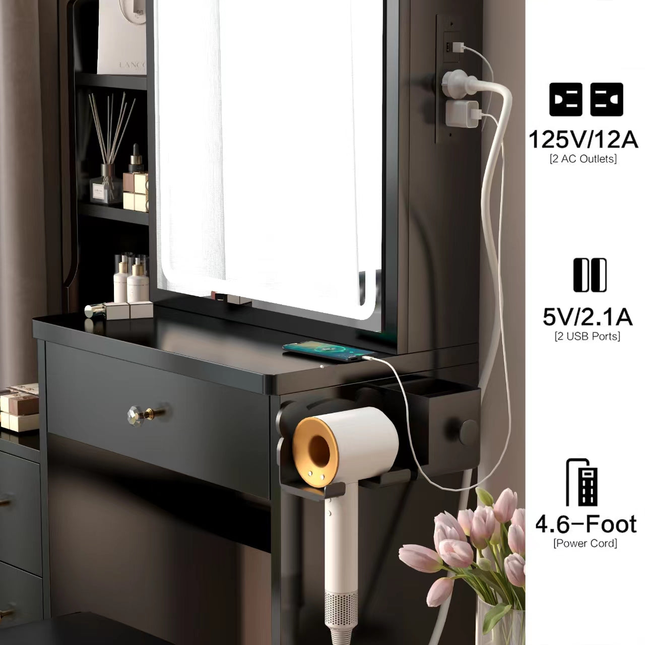 Toeletta Nera Compatta con USB e LED