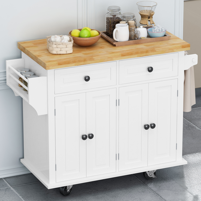 Kitchen Island Cart with Two Storage Cabinets and Two Locking Wheels 43.31 Inch Width 4 Door Cabinet and Two Drawers Spice Rack Default Title