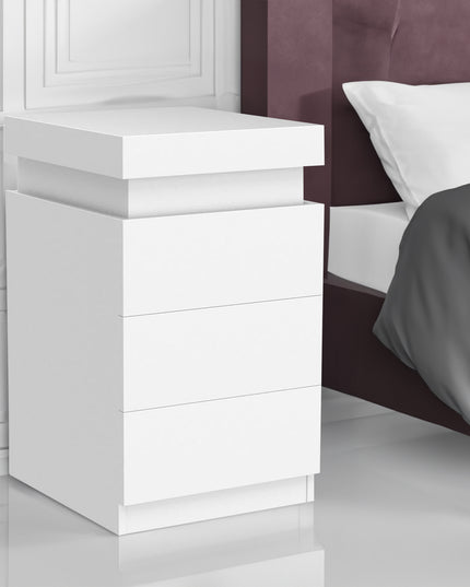 LED White Nightstand With 3 Drawers, Modern Multi-Colour LED Night Table Bedside Tables for Bedroom, Living Room