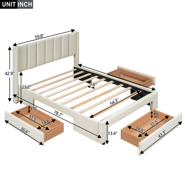 Full Size Upholstered Platform Bed with One Large Drawer in the Footboard and Drawers on Each Side, Beige