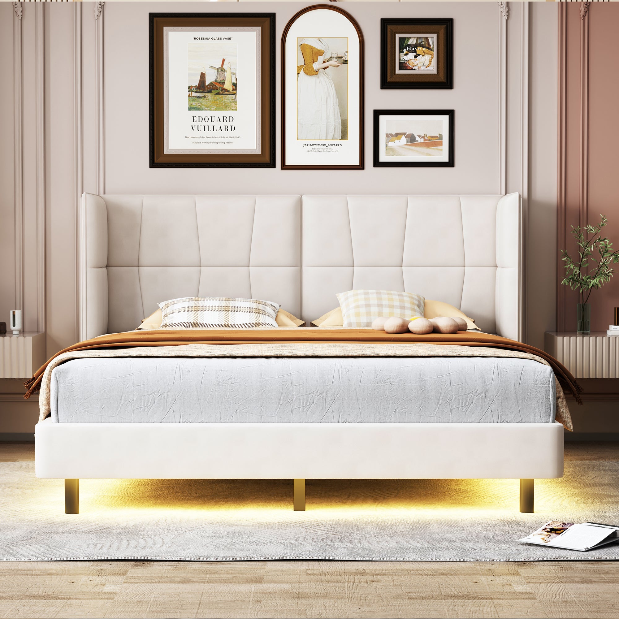 Letto Matrimoniale Imbottito con Luci LED e Testiera a U - Tessuto Lino Beige