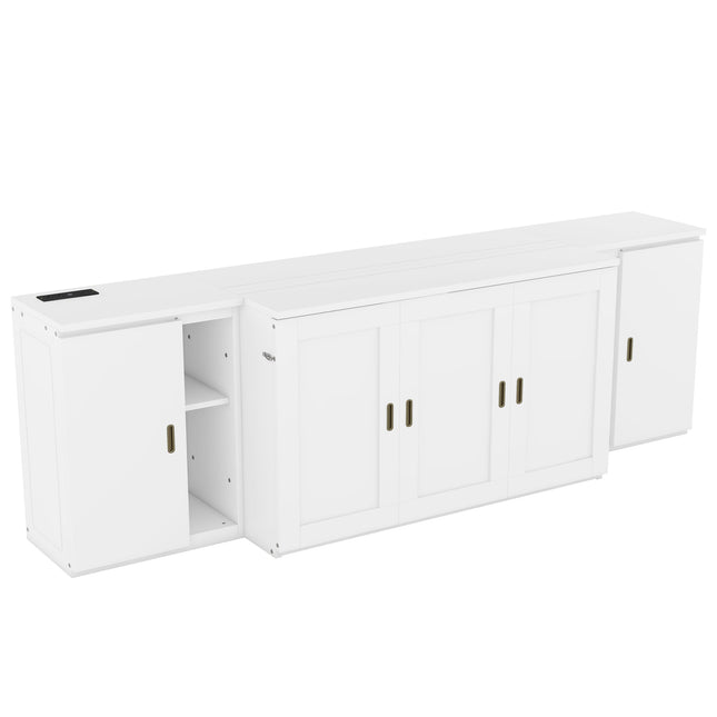 Full Size Murphy Bed with Shelves, Cabinets, and USB Ports – White