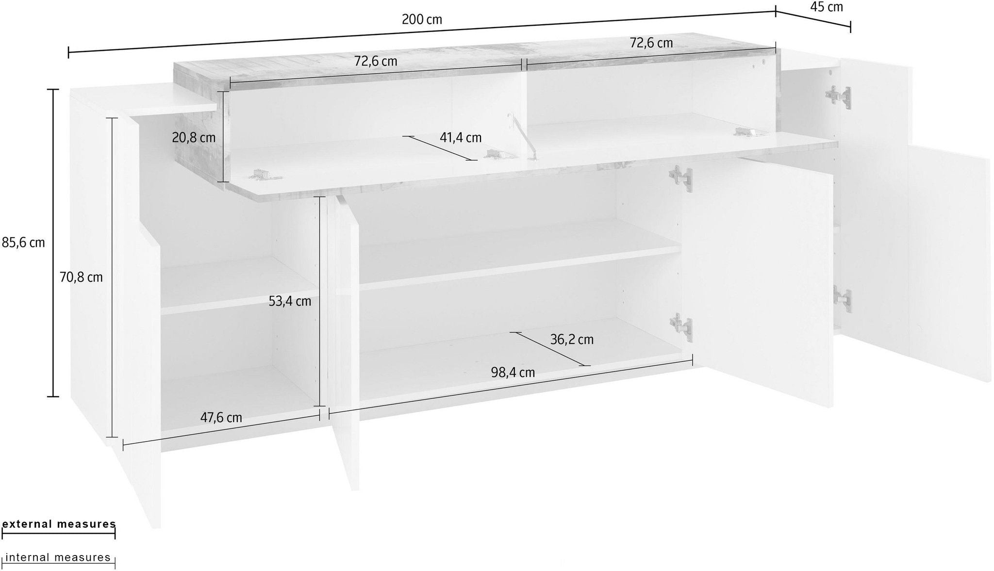 Credenza CORO 200 cm 4 ante battenti + 1 anta a ribalta.