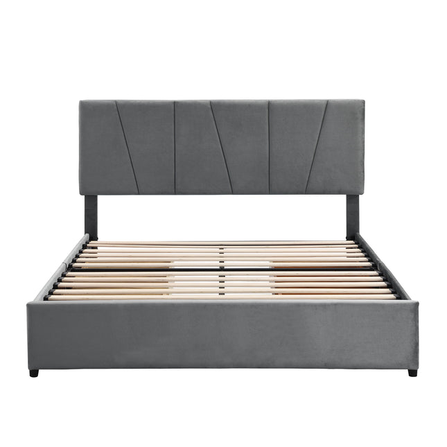 Queen Size Upholstered Platform Bed with Four Drawers on Two Sides and Adjustable Headboard – Grey Queen Size Bed, Upholstered Platform Bed, Storage