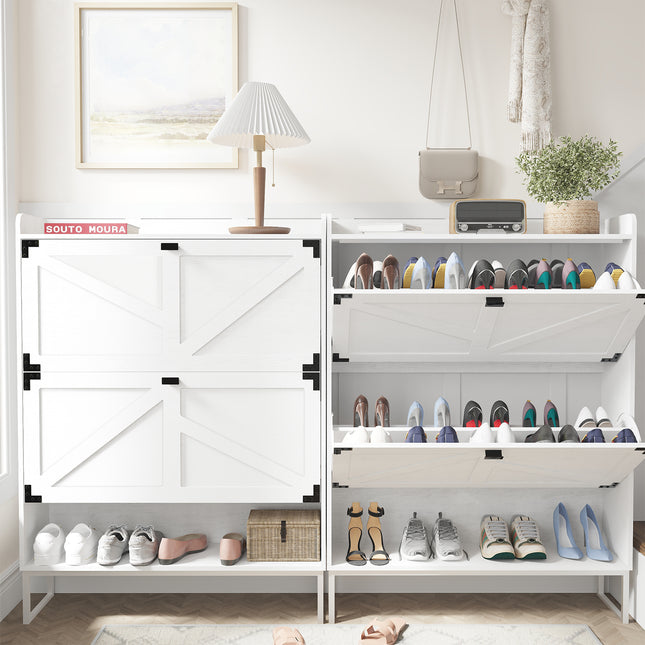 Freestanding Shoe Cabinet with 2 Flip Drawers – White Entryway Storage Organizer with Open Compartment
