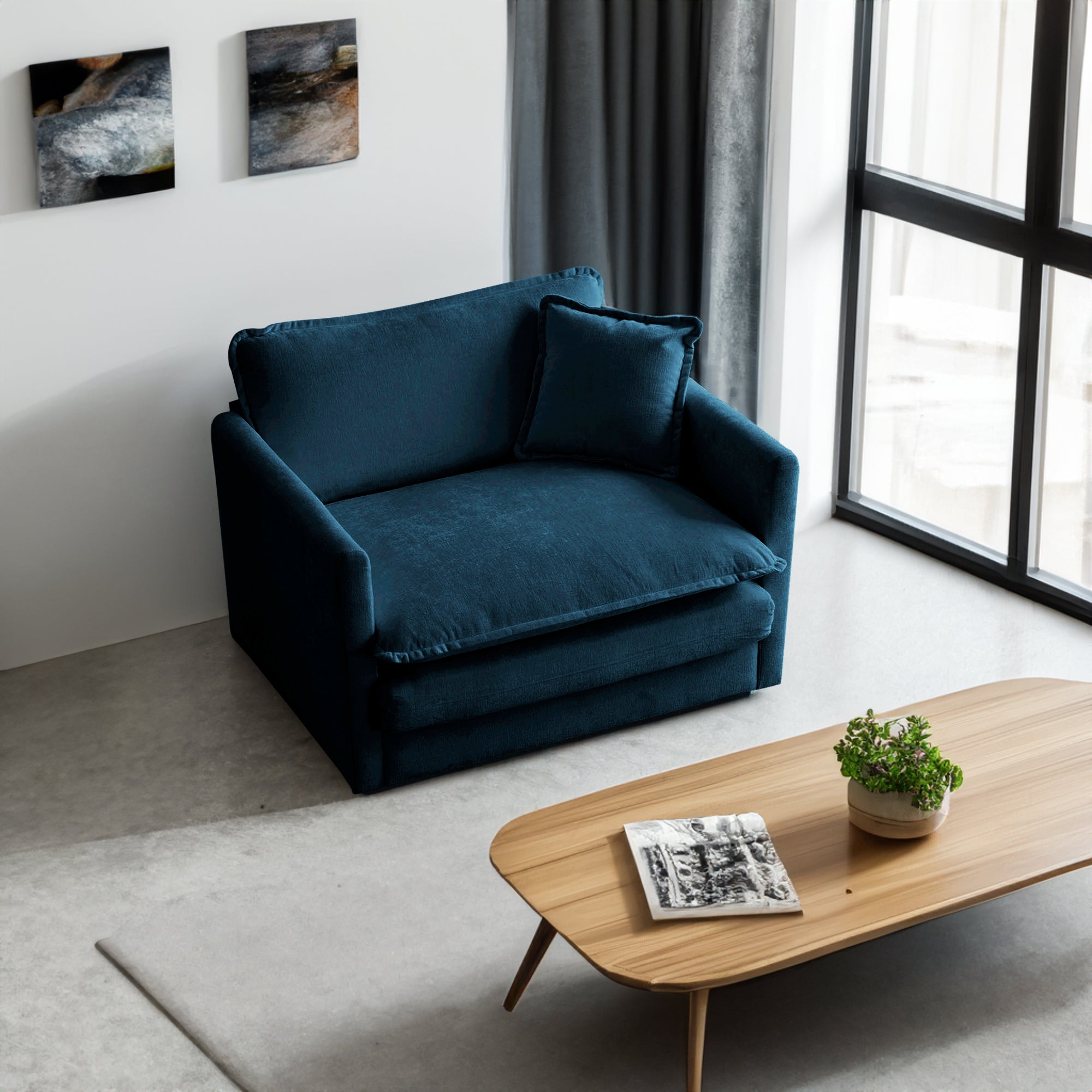 Poltrona Singola Blu in Ciniglia con Pouf per Lettura