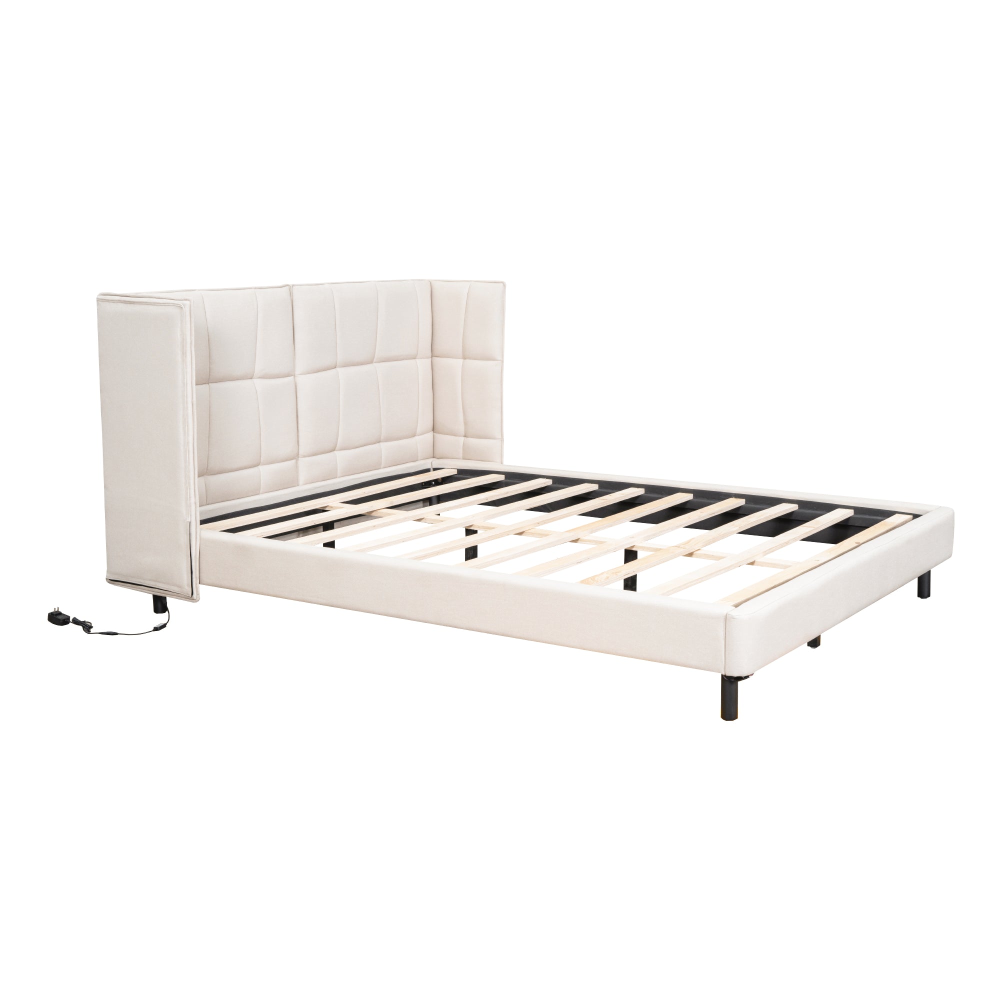 Letto Matrimoniale Imbottito con Luci LED e Testiera a U - Tessuto Lino Beige