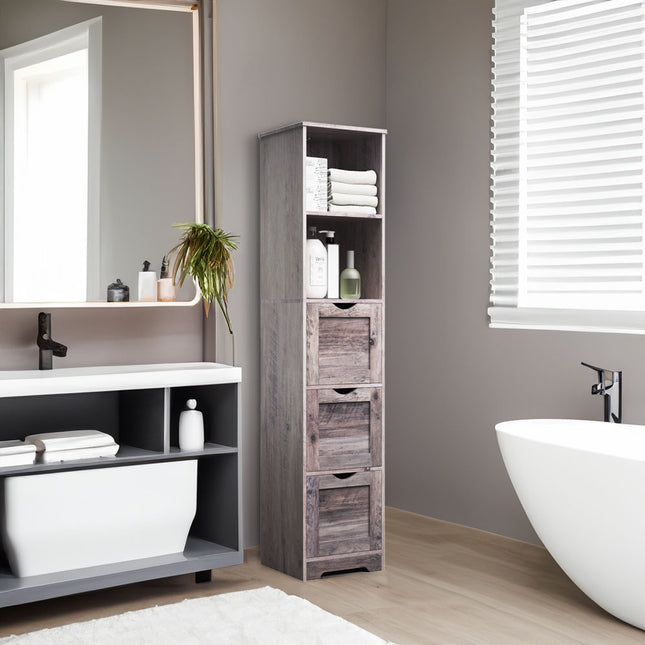 Bathroom Floor Cabinet with 3 Drawers 2 Shelves, Tall Narrow Bathroom Kitchen Pantry Storage Cabinet with Open Compartment Grey