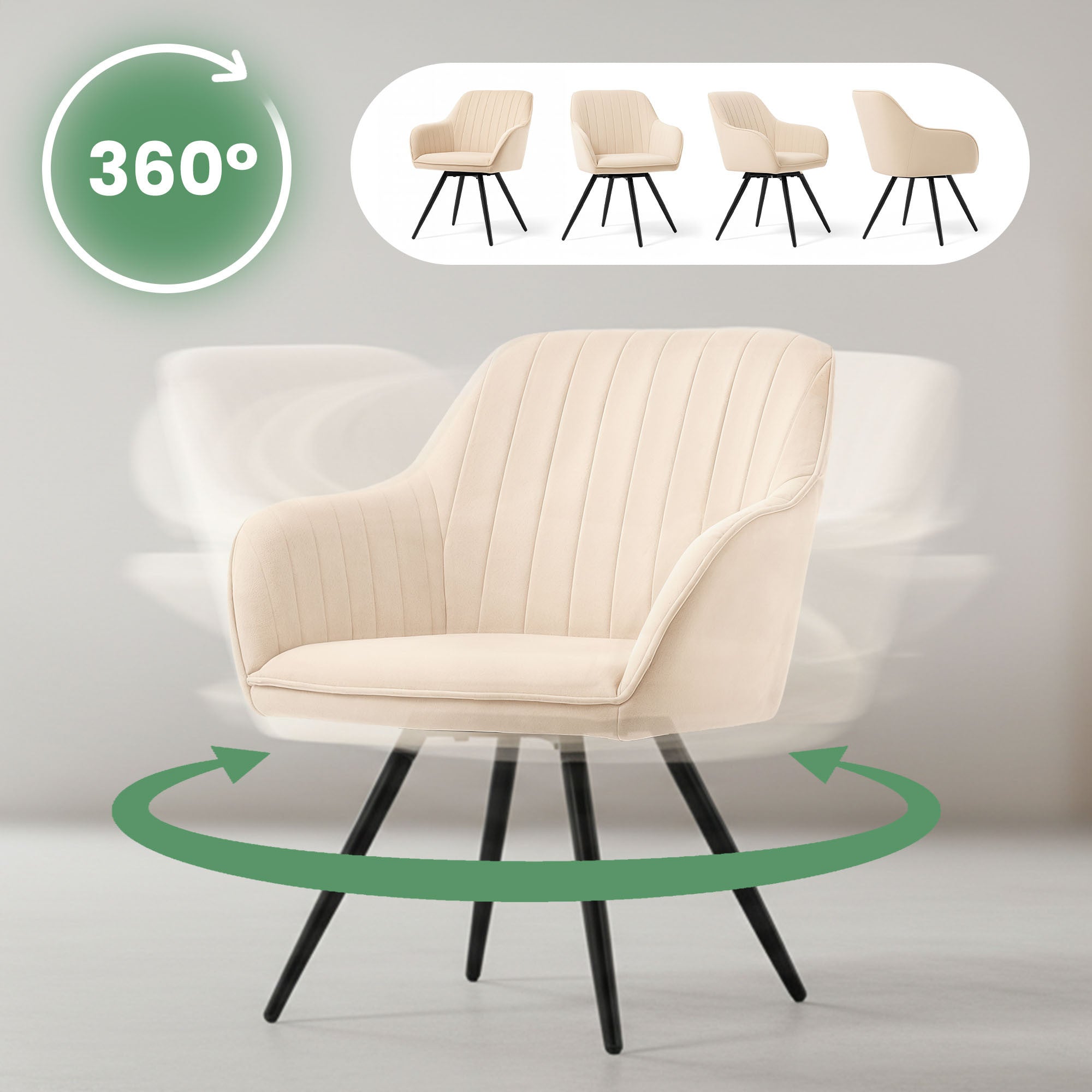 Set 6 Sedie Girevoli Velluto Beige – Gambe Nere