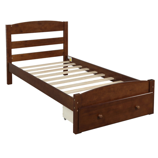 Platform Twin Bed Frame with Storage Drawer and Wood Slat Support – No Box Spring Needed, Walnut