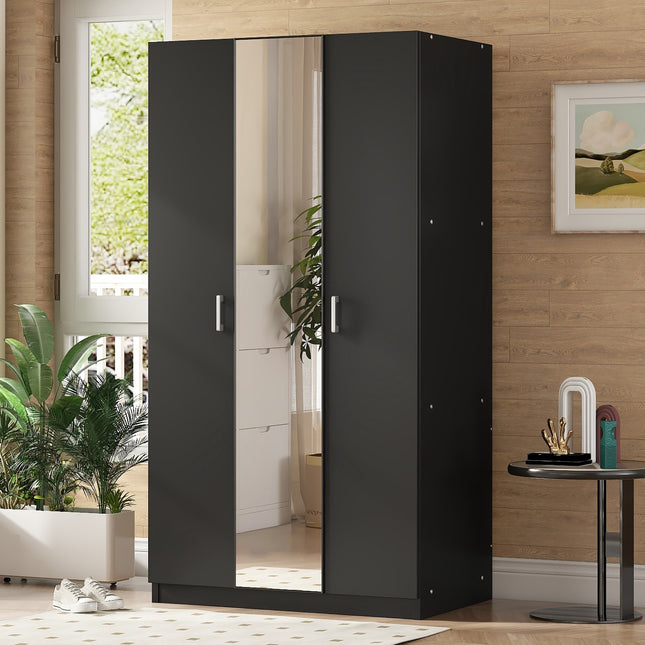 3 Door Wardrobe with Mirror, Armoire with Hanging Rod and 3 Fixed Shelves,Black Default Title