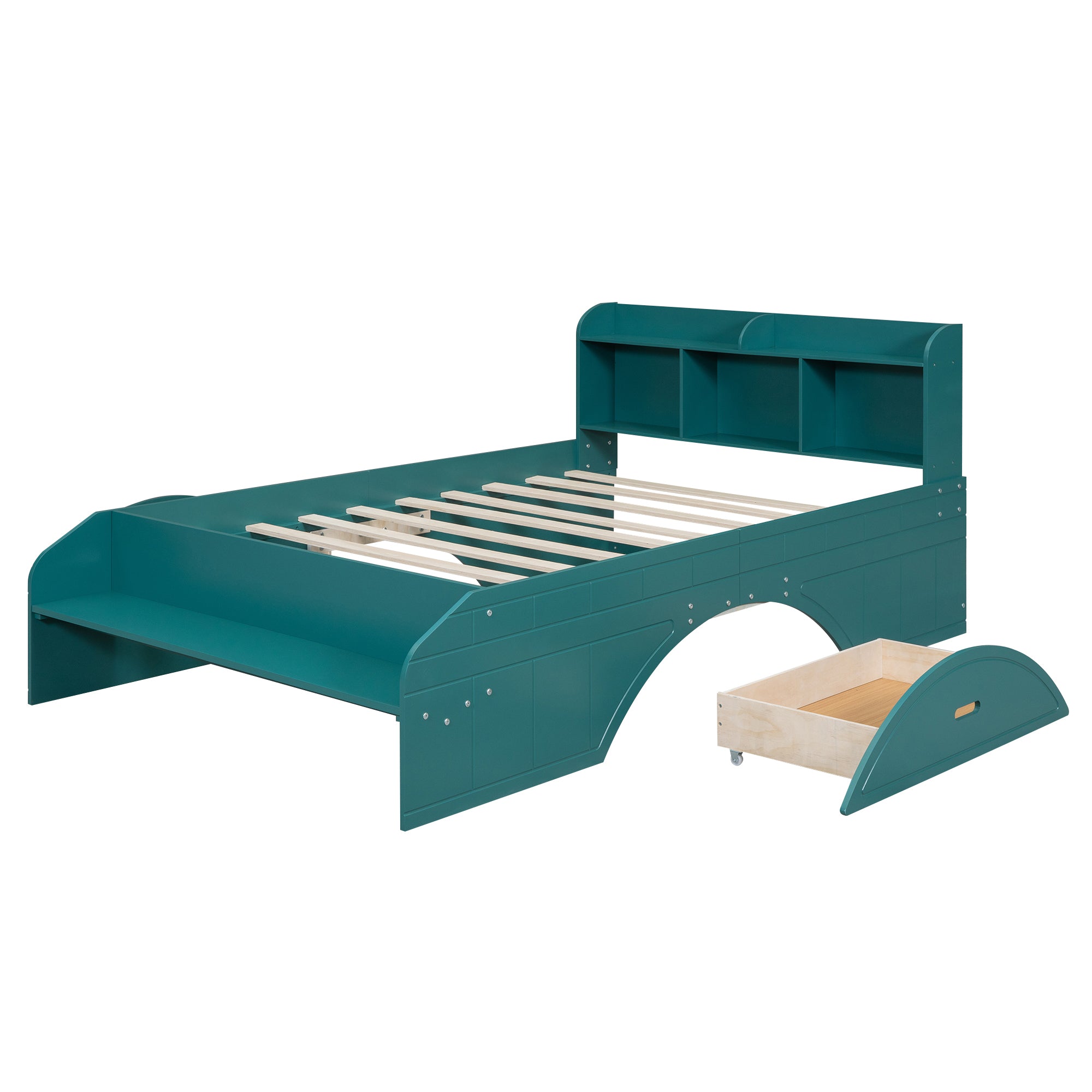Letto Full Size in Legno con 2 Cassetti, Testiera e Pediera Contenitore - Verde Scuro