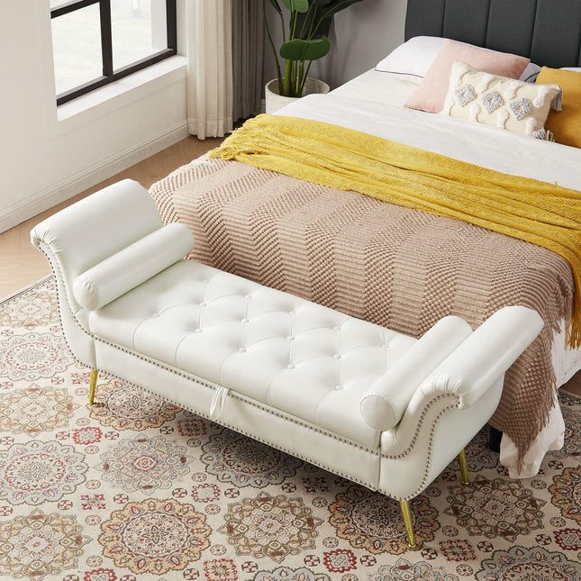 Sitting Bench PU Leather with Storage Space and 2 Pillows Hardware Feet White